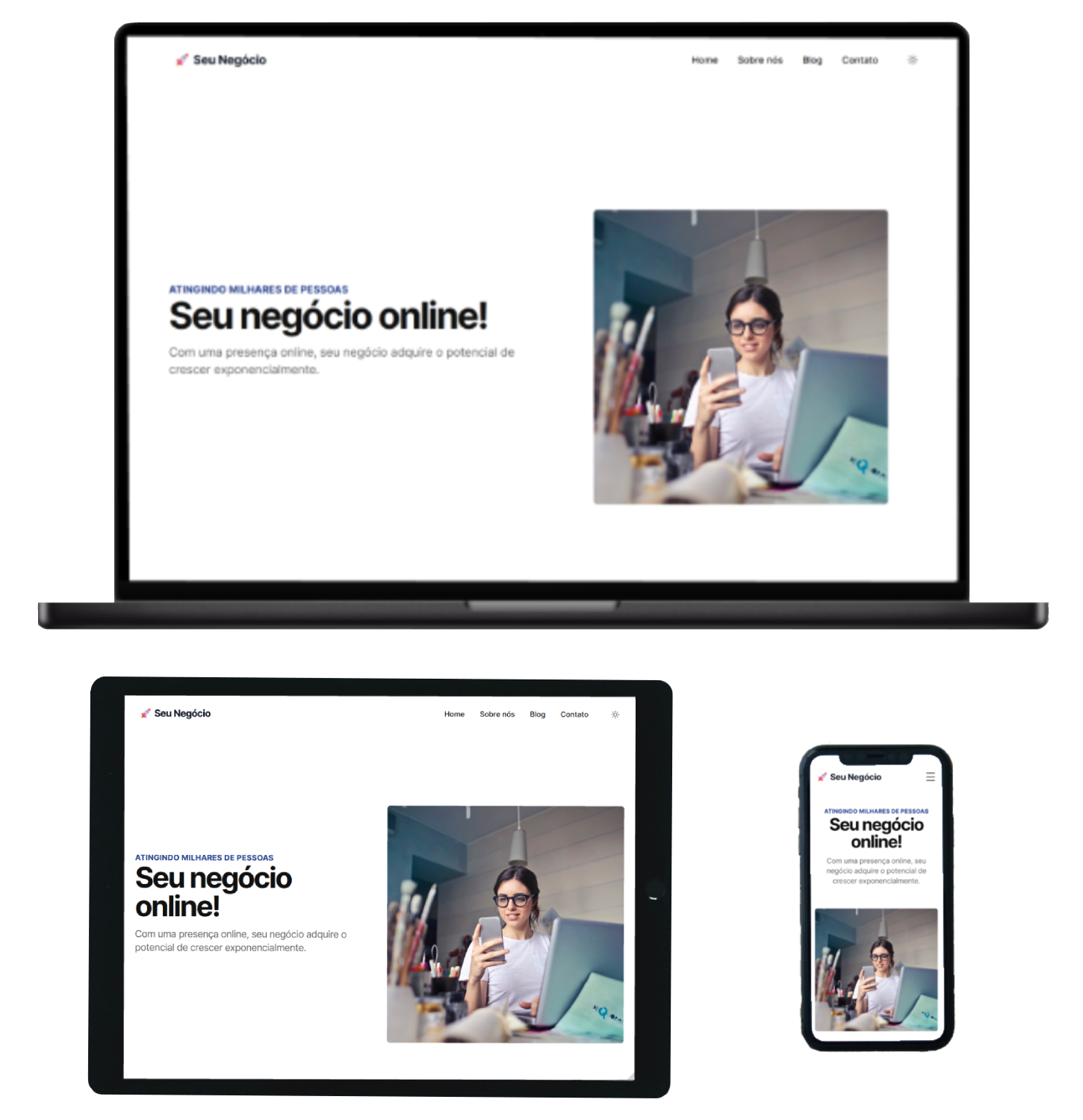 Imagem de um site em 3 dispositivos móveis: laptop, tablet e celular